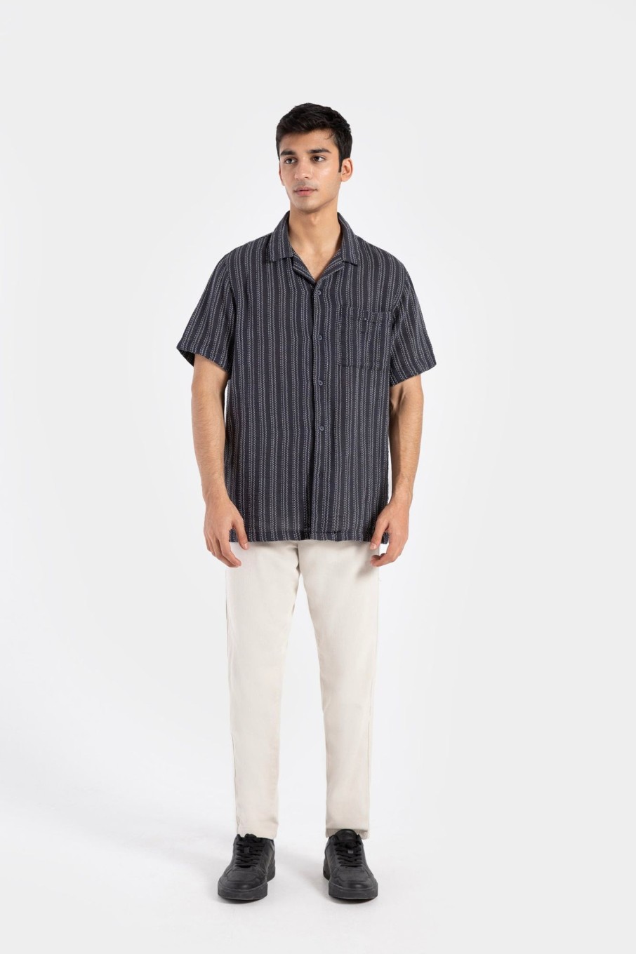 Hot Textured Striped Resort Collar Shirt Shirts